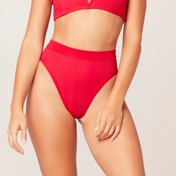 L*Space “Lipstick Red” Pointelle Rib Frenchi Bitsy Bikini Bottoms - Picture 1 of 8